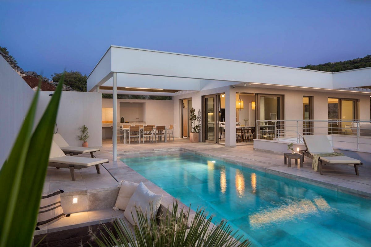 Night ambiance of the luxury villa with swimming pool near Rogoznica