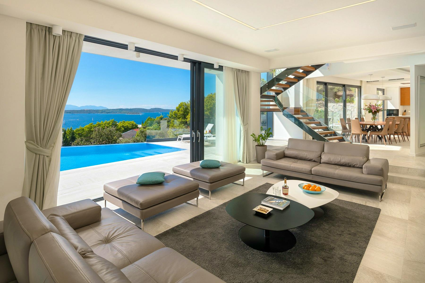 Open concept living area with sea view