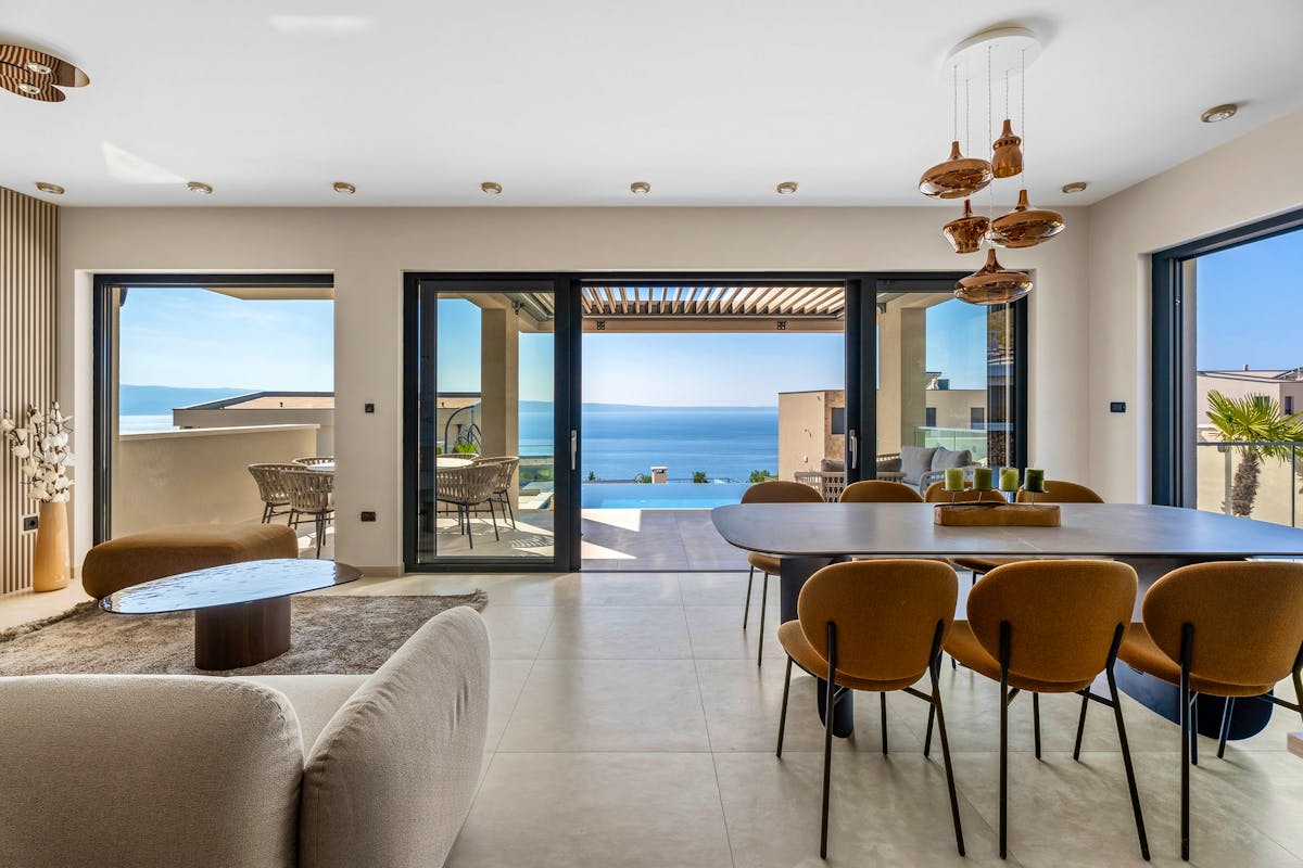 Open plan living area with sea view