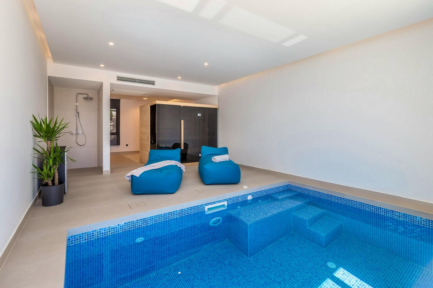 Wellness area with inner pool, lounge area sauna, and shower 