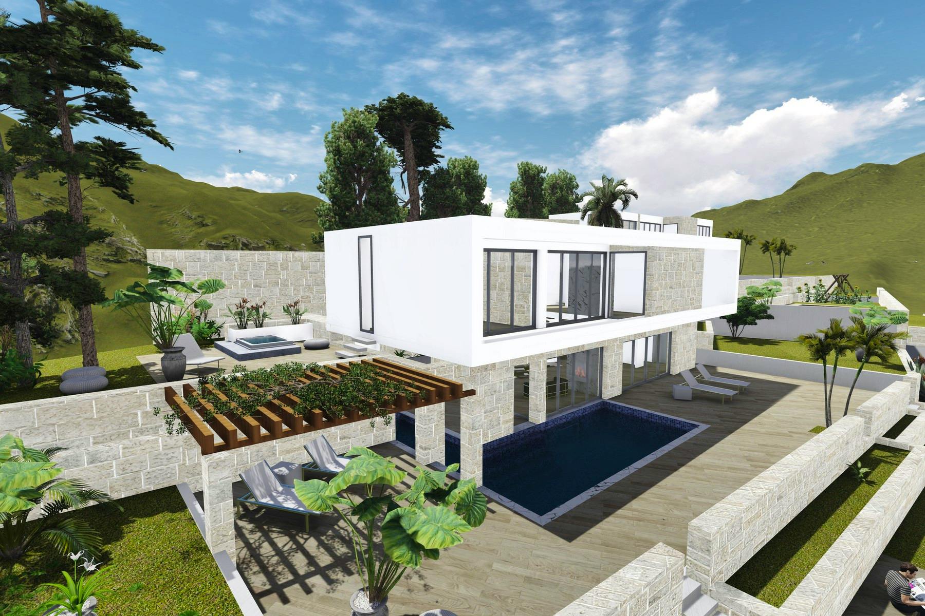 Visualisation of contemporary villa with swimming pool