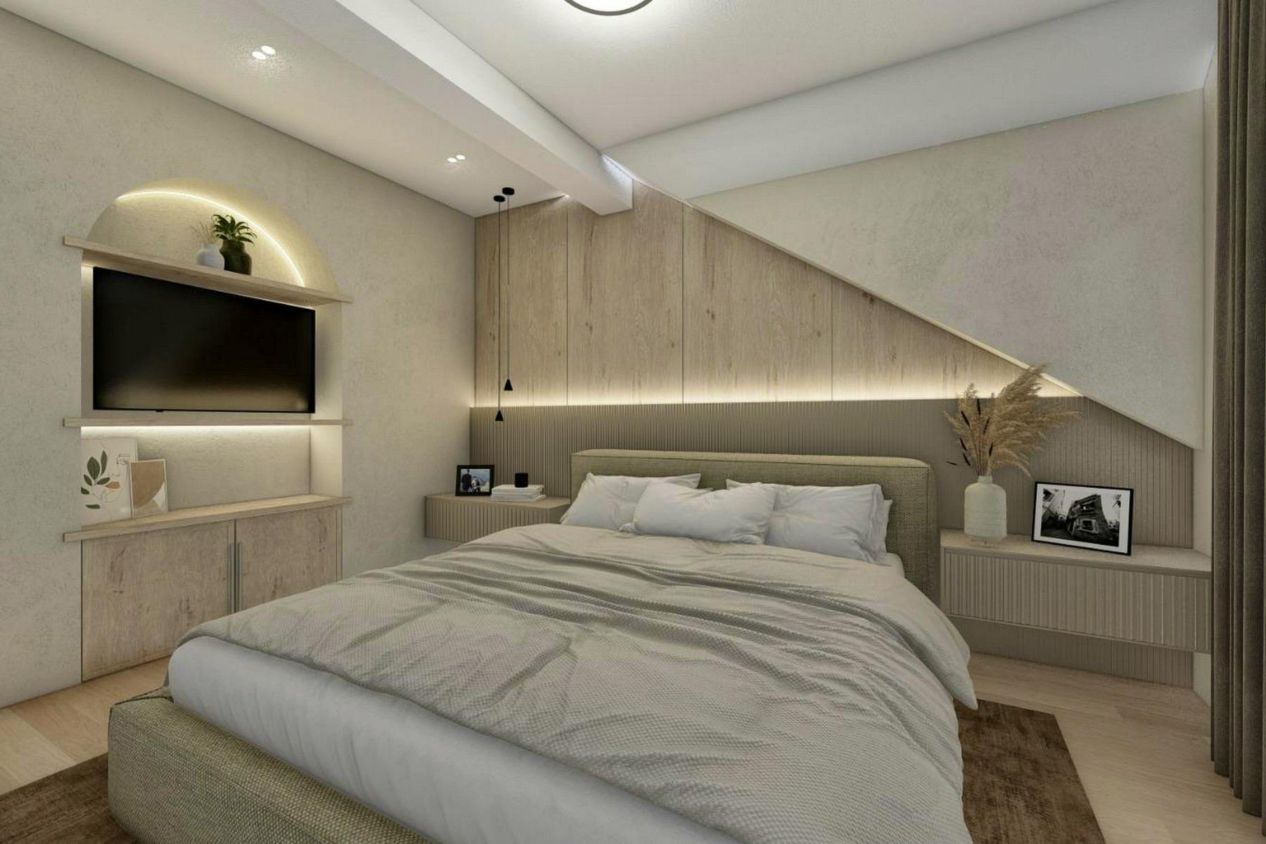 3-D visualization of a bedroom in the apartment in the heart of Hvar