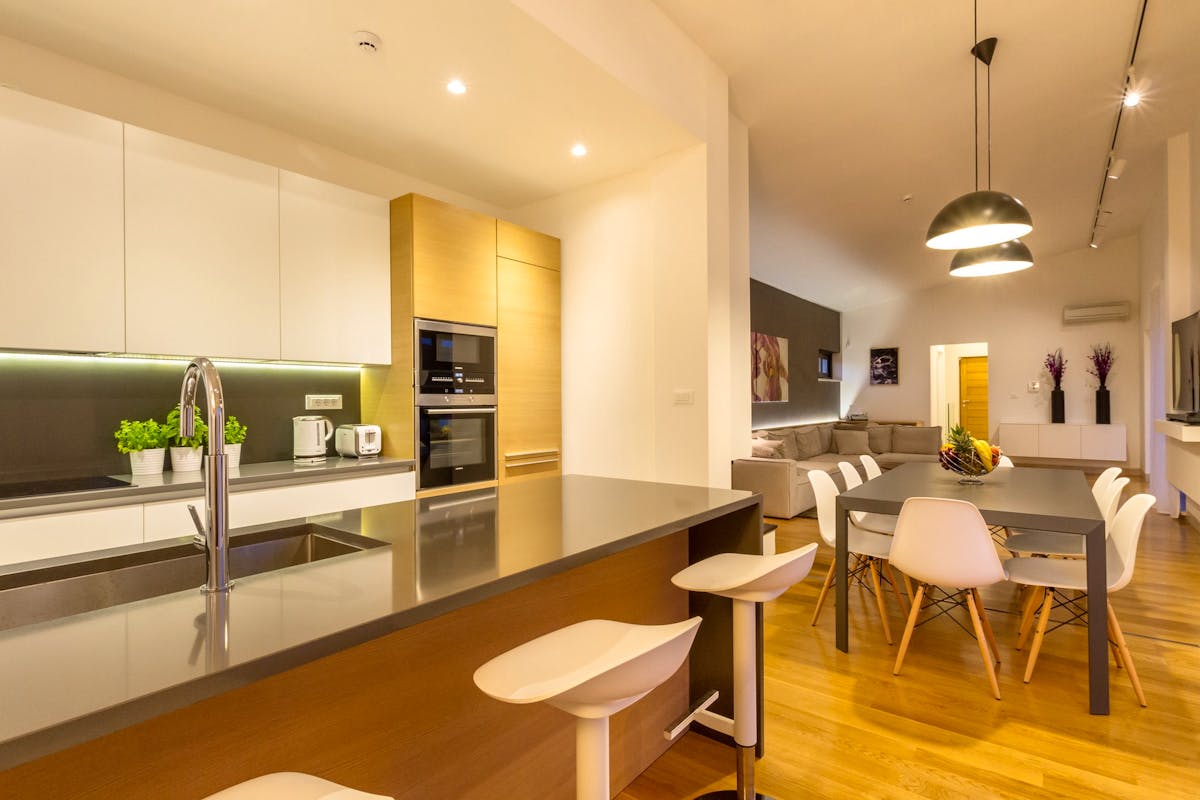 Fully fitted kitchen and dining area with fireplace