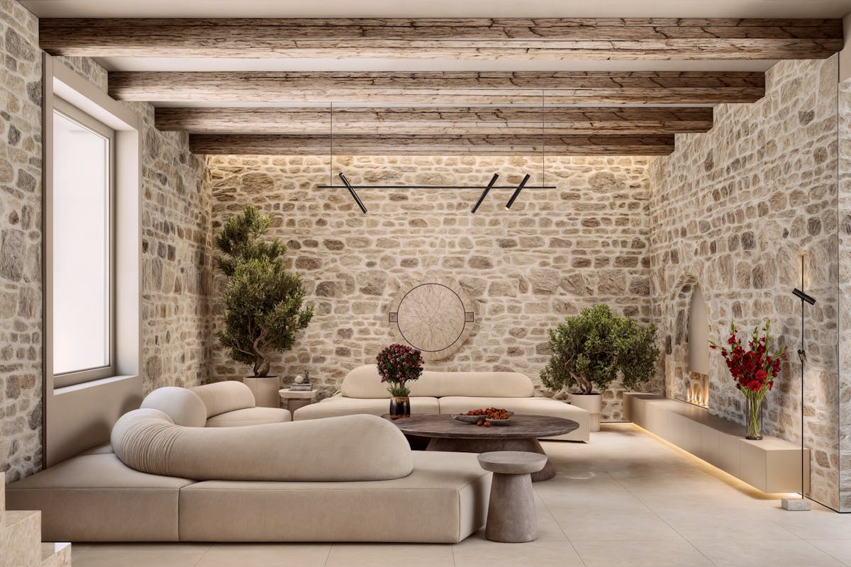 Spacious living room adorned with stone elements