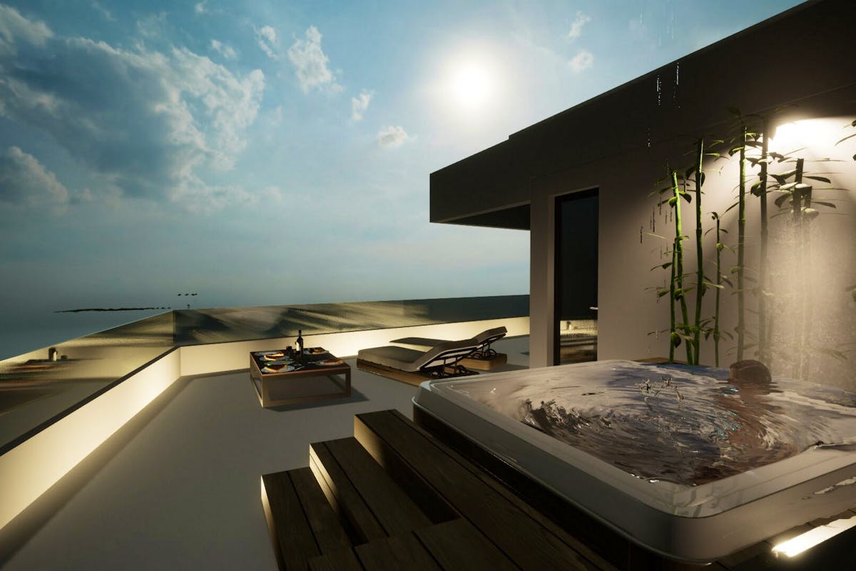 Terrace with jacuzzi and open sea view