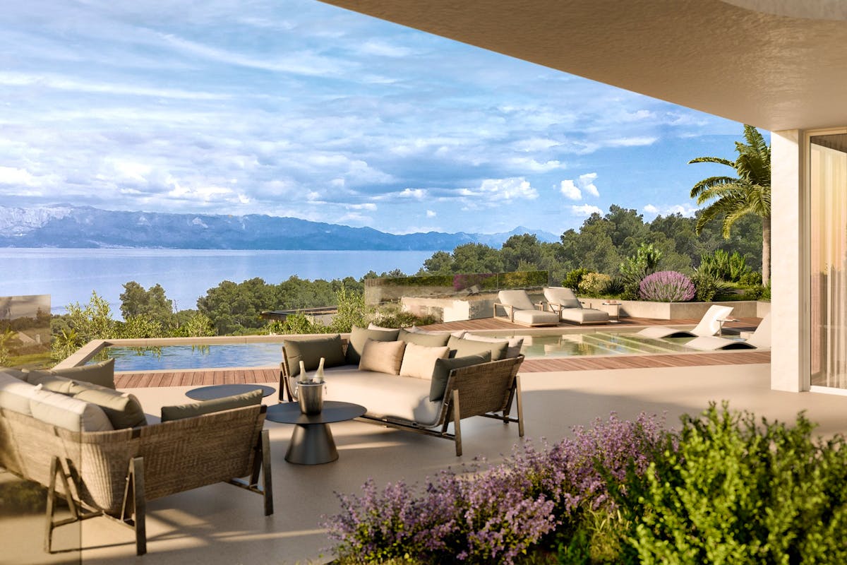 Spectacular view from the terrace of the seafront villa on Hvar for sale