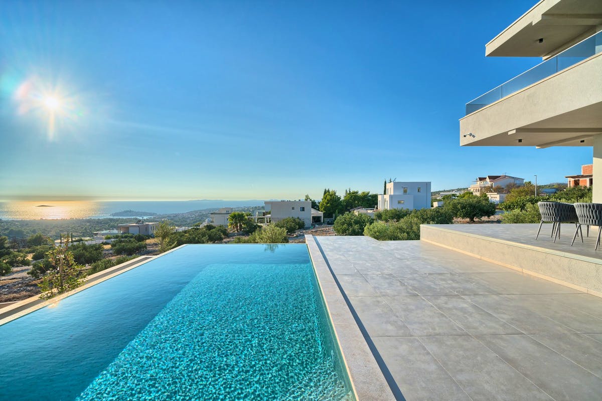 Open sea view from the terrace with swimming pool