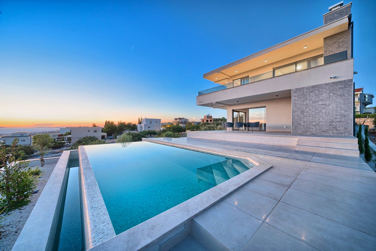 Sea view from the terrace with a heated swimming pool