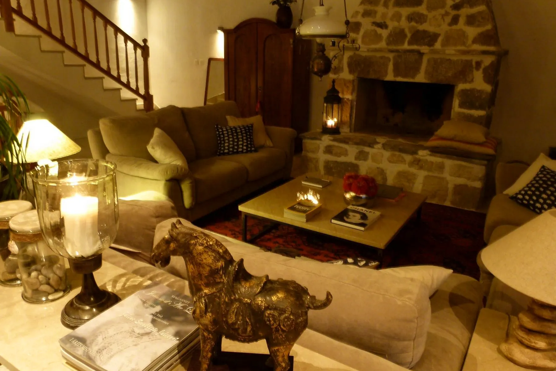 Living room with stone fireplace